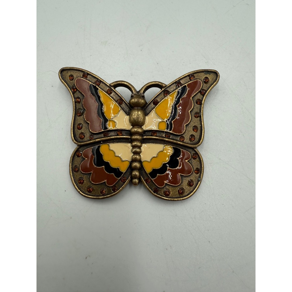 Vintage Butterfly Pendant Enamel Rhinestone Antique Brass Tone Amber Brown 2.5"‎